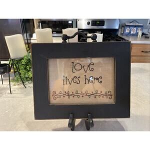 Primitive Sampler Needlework 2007 Framed Art Love Lives Here Wood Frame Blossom